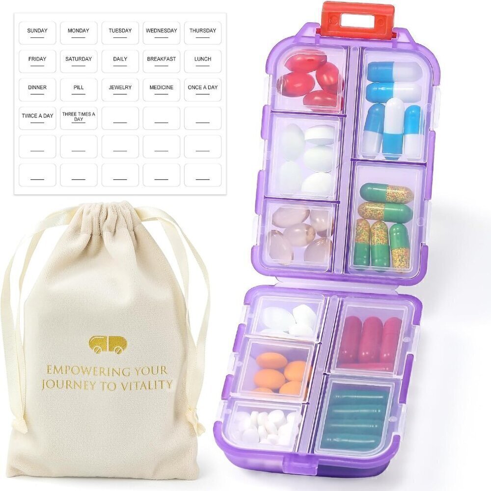 Travel Pill Organizer Labels & 1 Drawstring Pouch, Small 10 Compartments PURPLE